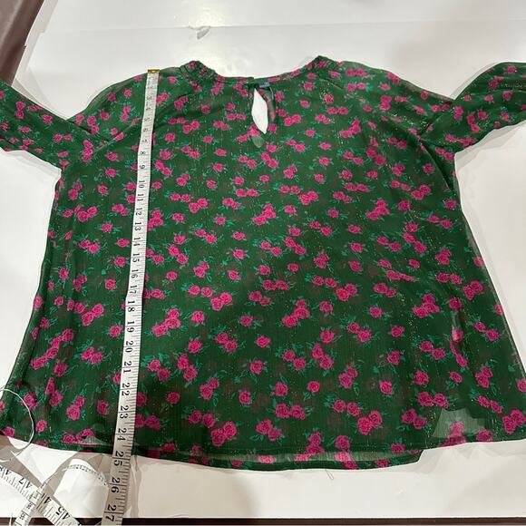 ModCloth‎ Green & Pink Floral Metallic Sheer Long Sleeve Blouse Size M - Picture 8 of 8